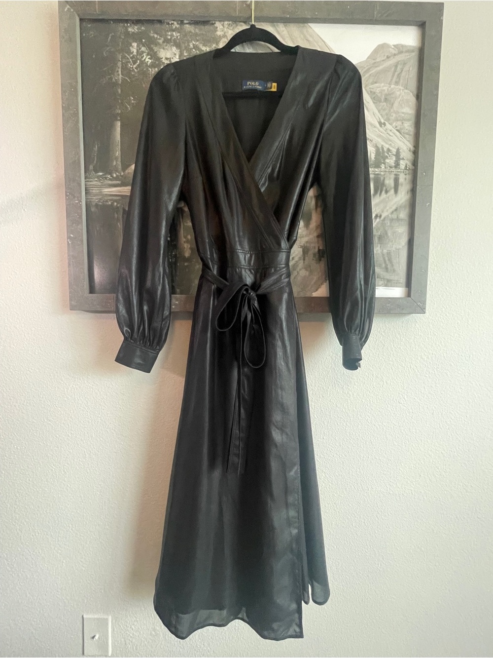 Polo by Ralph Lauren Black Faux Leather-Look Wrap Midi Dress with Tie Waist